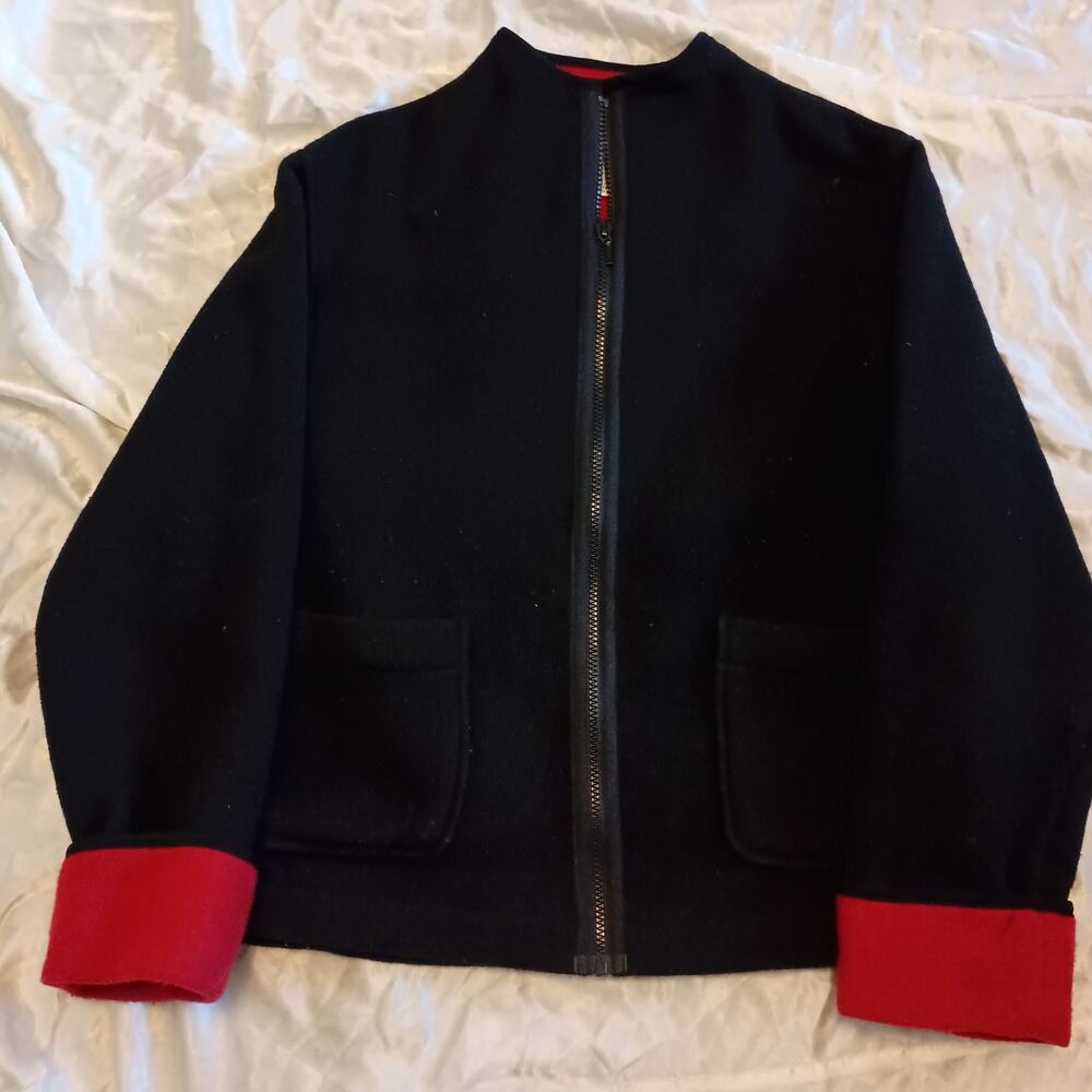 Norton Studio Black Soft Wool Blend Zip Up Jacket Sz S Red Lining Patch Pockets